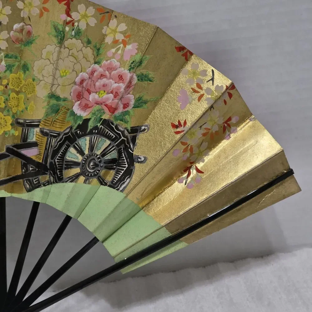 Vintage Oriental Folding Fan Floral Cart Design 19 1/2
